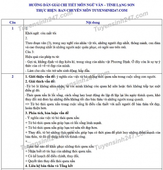 Đáp án đề thi Ngữ văn tuyển sinh lớp 10 vào THPT tỉnh Lạng Sơn năm 2020