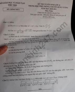 Đề thi môn Toán tuyển sinh lớp 10 vào THPT Chuyên Tin Phú Thọ