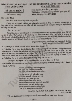 Đề thi Ngữ văn tuyển sinh lớp 10 vào THPT tỉnh Quảng Nam năm 2020