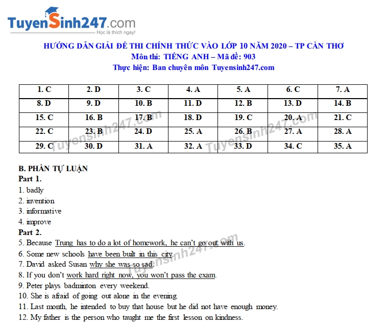 Đáp án đề thi Anh văn tuyển sinh lớp 10 vào THPT TP. Cần Thơ năm 2020