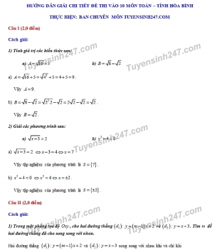 Đáp án đề thi môn Toán tuyển sinh lớp 10 vào THPT tỉnh Hòa Bình năm 2020
