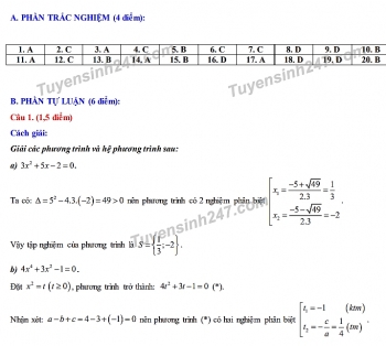 Đáp án đề thi môn Toán tuyển sinh lớp 10 vào THPT TP Cần Thơ năm 2020