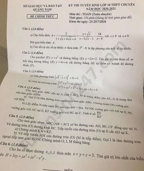 Đề thi môn Toán tuyển sinh lớp 10 vào THPT Chuyên Quảng Nam năm 2020
