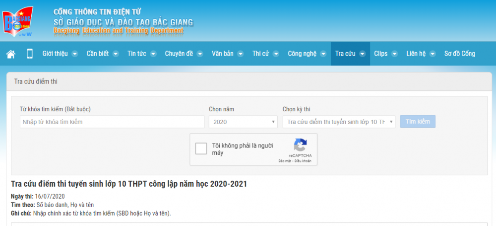 Tra cứu điểm thi tuyển sinh lớp 10 Bắc Giang năm 2020