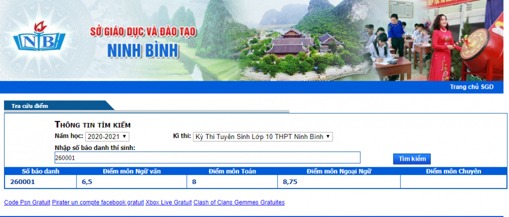 Tra cứu điểm thi tuyển sinh lớp 10 Ninh Bình năm 2020