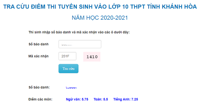 Tra cứu điểm thi tuyển sinh lớp 10 Khánh Hòa năm 2020