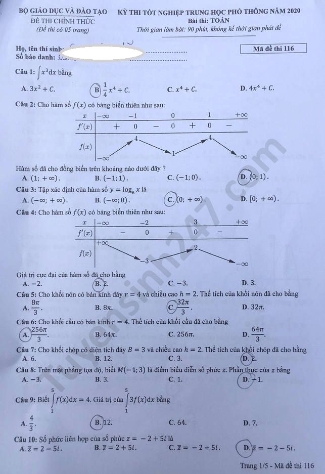 Gợi ý đáp án môn Toán mã đề 116 thi tốt nghiệp THPT quốc gia 2020