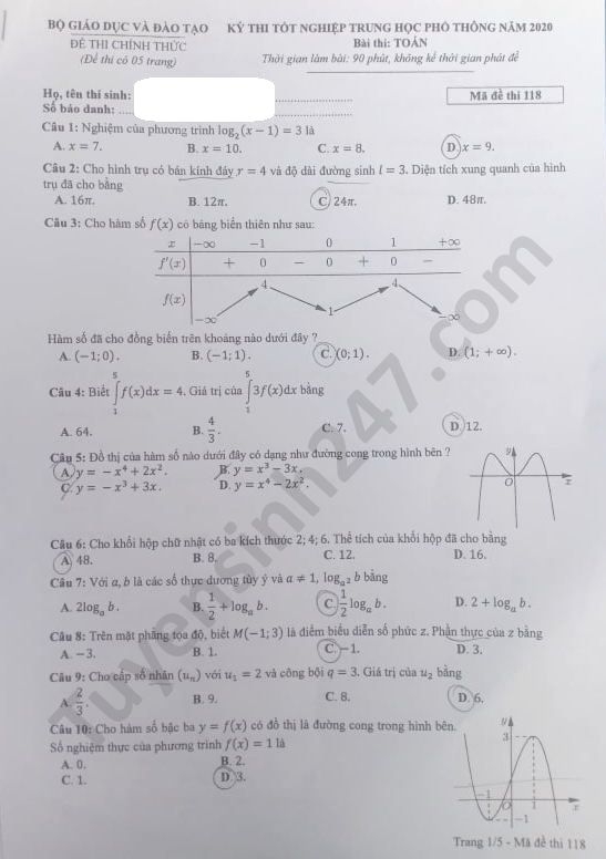 Gợi ý đáp án môn Toán mã đề 118 thi tốt nghiệp THPT quốc gia 2020