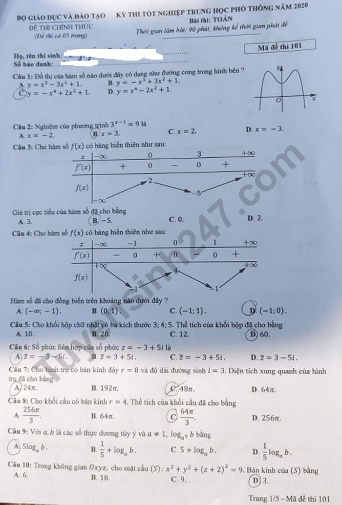 Gợi ý đáp án môn Toán mã đề 101 thi tốt nghiệp THPT quốc gia 2020