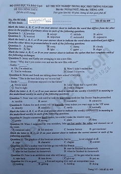 Đáp án đề thi Tiếng Anh mã đề 409 kỳ thi tốt nghiệp THPT 2020