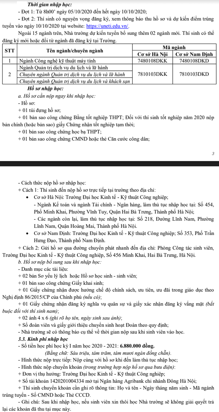 thu tuc nhap hoc dai hoc kinh te ky thuat cong nghiep nam 2020