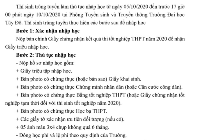 thu tuc nhap hoc dai hoc tay do nam 2020