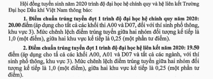 diem chuan dai hoc dau khi viet nam chinh thuc nam 2020