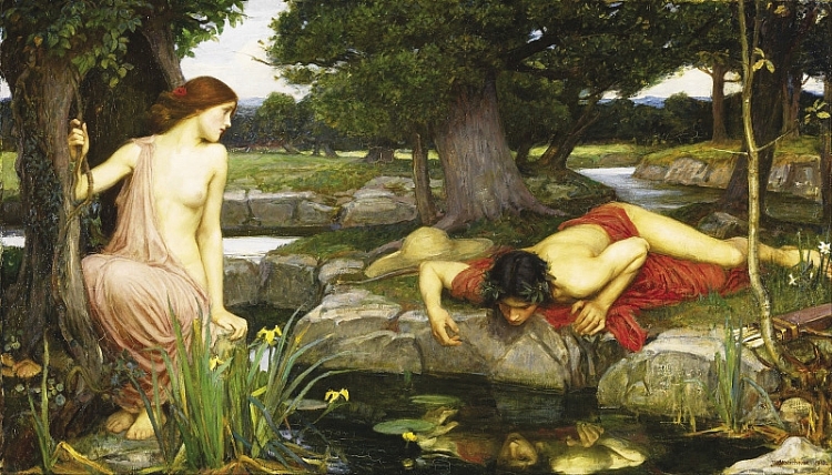 Chàng Narcissus xinh trai, ngày ngày soi mặt trên hồ nước để tự chiêm ngưỡng sắc đẹp của mình. Bức Echo and Narcissus (1903) của John William Waterhouse.