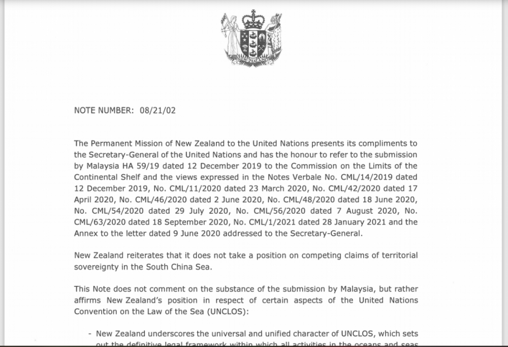 New Zealand gửi công hàm bác bỏ yêu sách quyền lịch sử ở Biển Đông