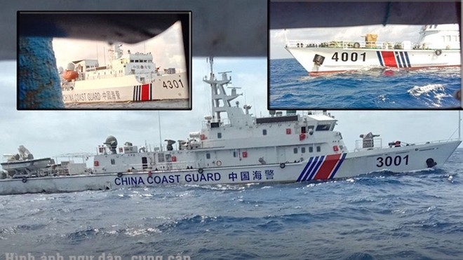 3 tàu hải cảnh Trung Quốc uy hiếp, đâm chìm tàu cá của ngư dân Quảng Ngãi trên vùng biển Hoàng Sa đầu tháng 4.2020 ẢNH: NGƯ DÂN CUNG CẤP