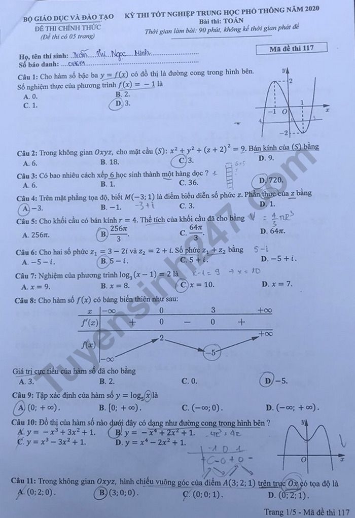 Gợi ý đáp án môn Toán mã đề 114 thi tốt nghiệp THPT quốc gia 2020