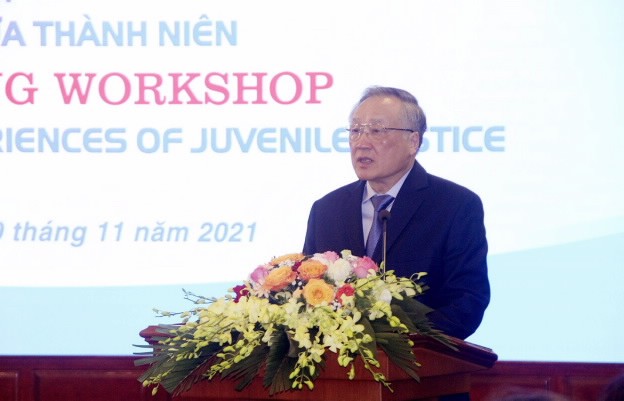 PGS.TS. Nguyễn Hòa Bình, Ủy viên Bộ Chính trị, Bí thư Trung ương Đảng, Chánh án TAND TC phát biểu tại Hội thảo