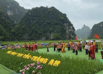 Hàng nghìn du khách đội mưa ngắm lúa trong ngày khai hội 