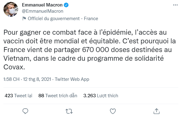 Pháp sẽ tặng 670.000 liều vaccine COVID-19 để giúp Việt Nam chống dịch