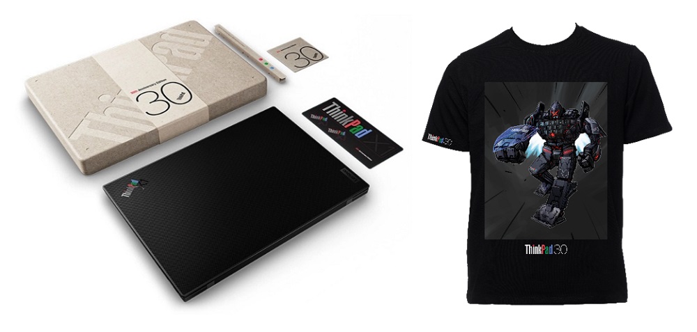 The Special 30th Anniversary Edition of the ThinkPad X1 Carbon Gen 10 (left); Limited-edition T-shirt designed by Hong Kong illustrator and artist Felix Ip (right)
