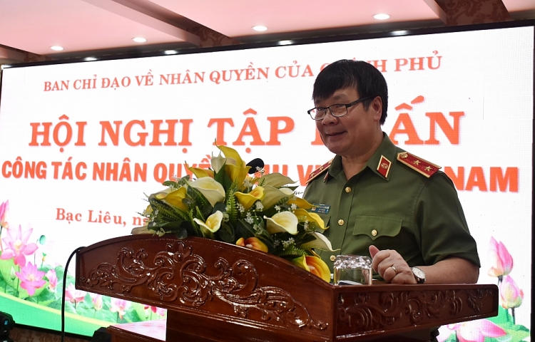 Trung tuóng Nguyễn Thanh Sơn, Cục trưởng Cục Đối ngoại Bộ Công an, Chánh Văn phòng Thường trực về Nhân quyền phát biểu khai mạc Hội nghị.