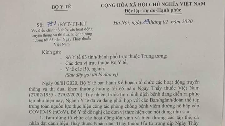 Bộ Y tế: Không tổ chức tôn vinh y bác sĩ ngày Thầy thuốc Việt Nam 27/2 vì Covid-19