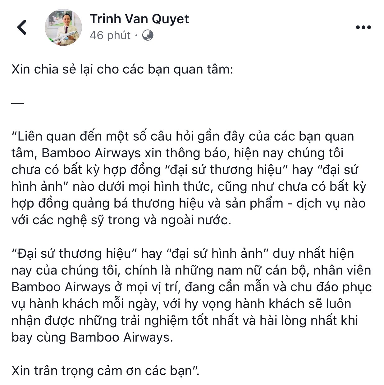 dam vinh hung khong phai la dai su thuong hieu cua bamboo airways