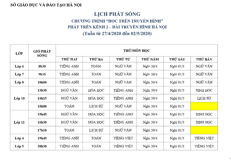 ha noi lich phat song hoc tren truyen hinh tu ngay 274 den 25