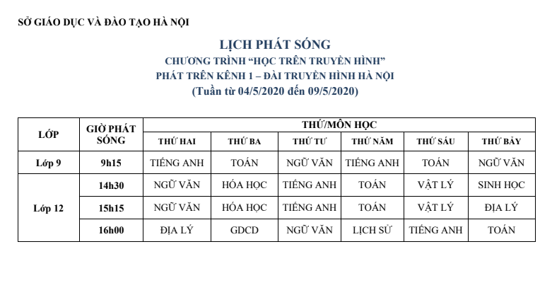 ha noi lich phat song hoc tren truyen hinh tu ngay 45 den 95