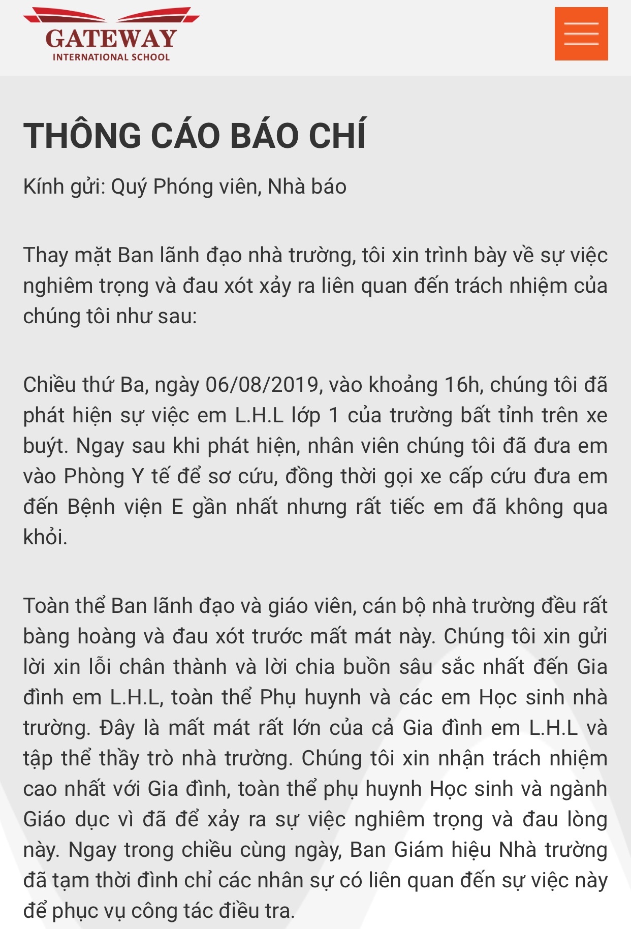 truong gateway dinh chi nhan su lien quan vu hoc sinh tu vong tren xe dua don