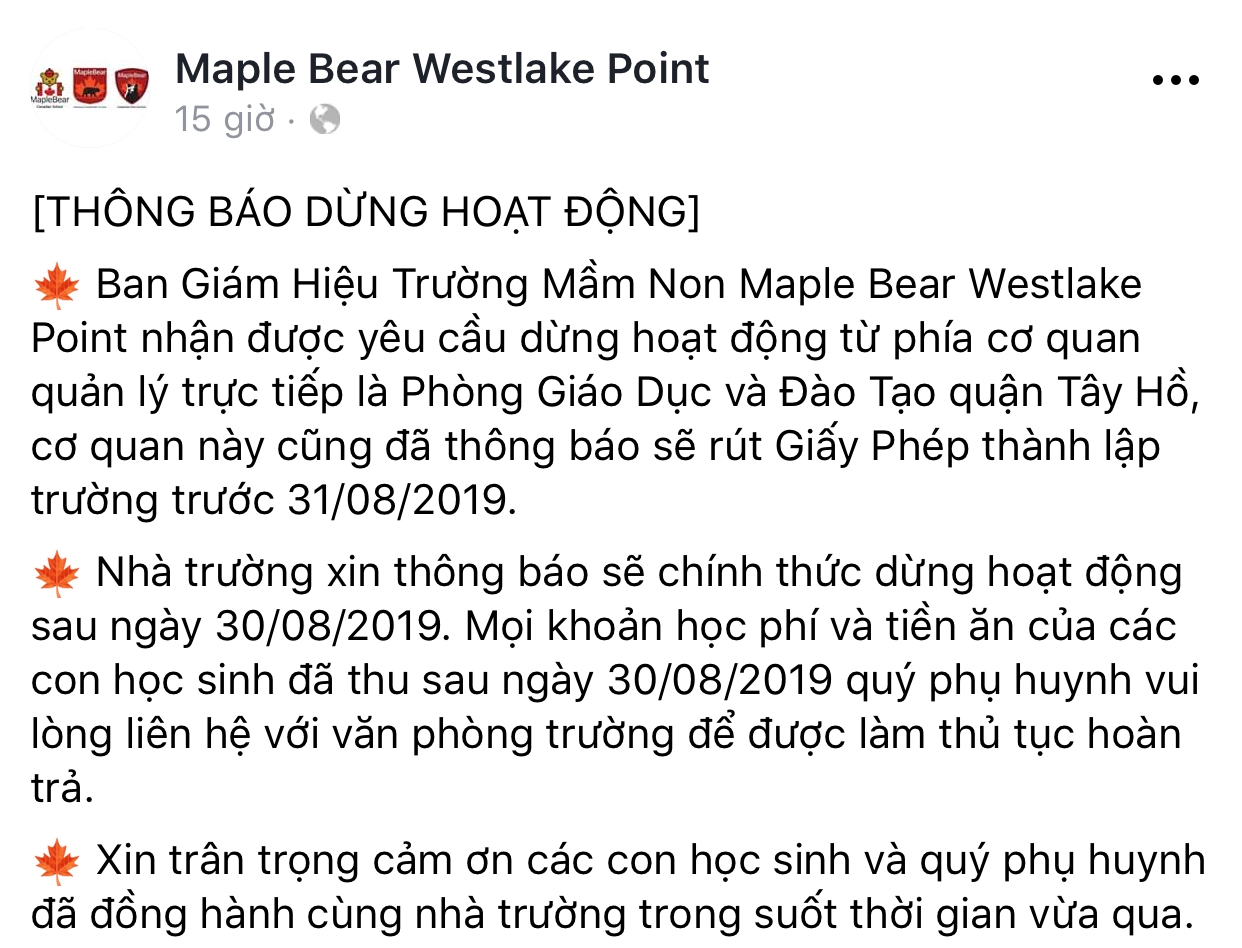 mam non maple bear westlake point thong bao dung hoat dong