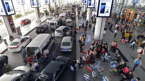 co taxi du san bay noi bai nho nuoc bot vao nhan vien an ninh