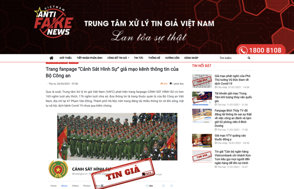 Thông báo mới từ Trung tâm Xử lý tin giả Việt Nam về fanpage giả mạo thông tin Bộ Công an