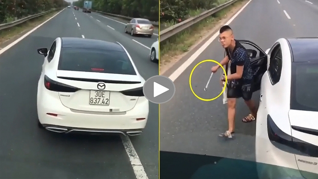 Thanh niên lái Mazda chặn đầu xe khác giữa cao tốc còn cầm ‘cờ lê' dọa đánh người