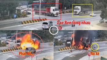 Khoảnh khắc 2 xe Ben tông nhau phát nổ, tài xế nhảy ra khỏi ‘biển lửa’