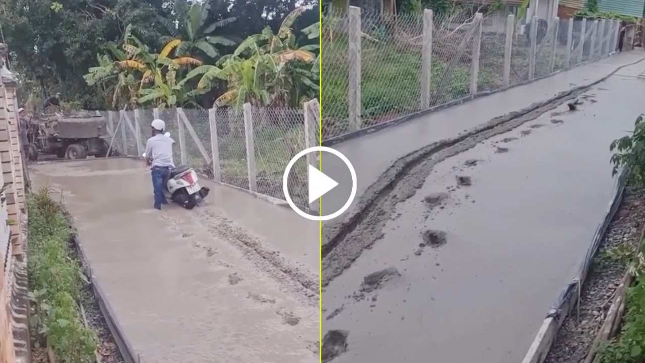 Người đàn ông lao thẳng xe máy lên đường mới đổ bê tông