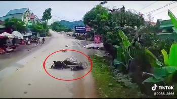 tranh nguoi di xe may bi nga container lao xuong ve duong