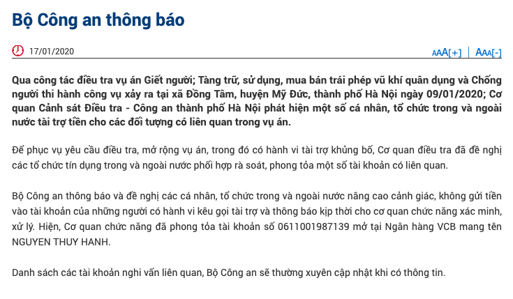 bo cong an thong tin ve viec phong toa mot so tai khoan vu dong tam