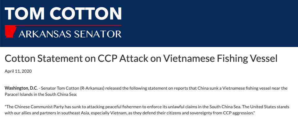 Thượng nghị sĩ Mỹ tiếp tục lên án vụ tàu Trung Quốc đâm tàu cá Việt Nam