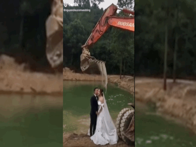 Video: Hài hước cảnh dùng máy xúc tạo thác nước để chụp ảnh cưới