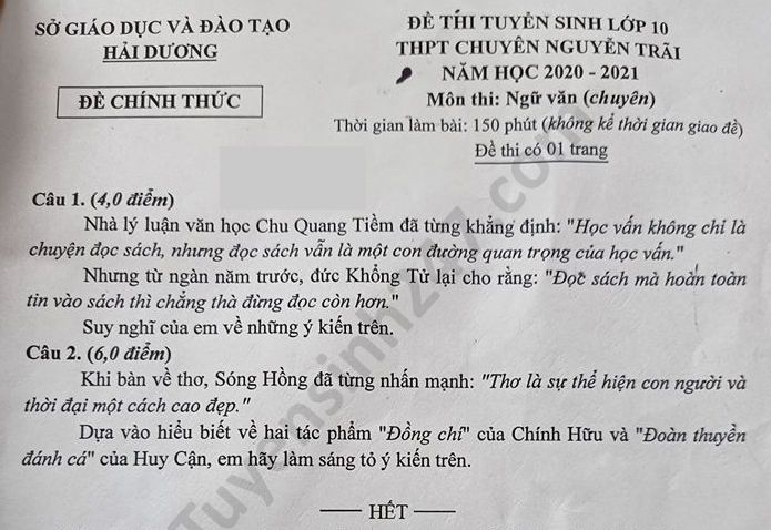 5153 de thi ngu van tuyen sinh lop 10 vao thpt chuyen nguyen trai tinh hai duong