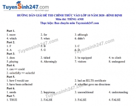 Đáp án đề thi Anh văn tuyển sinh lớp 10 vào THPT tỉnh Bình Định năm 2020