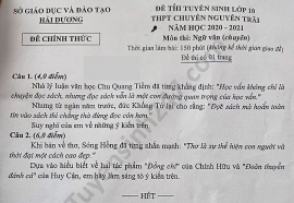 Đề thi Ngữ văn tuyển sinh lớp 10 vào THPT Chuyên Nguyễn Trãi tỉnh Hải Dương năm 2020