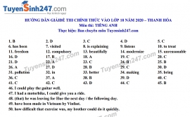 Đáp án đề thi Anh văn tuyển sinh lớp 10 vào THPT tỉnh Thanh Hóa năm 2020