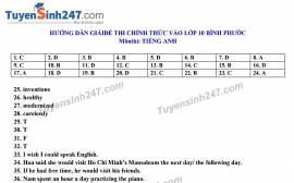 Đáp án đề thi Anh văn tuyển sinh lớp 10 tỉnh Bình Phước năm 2020