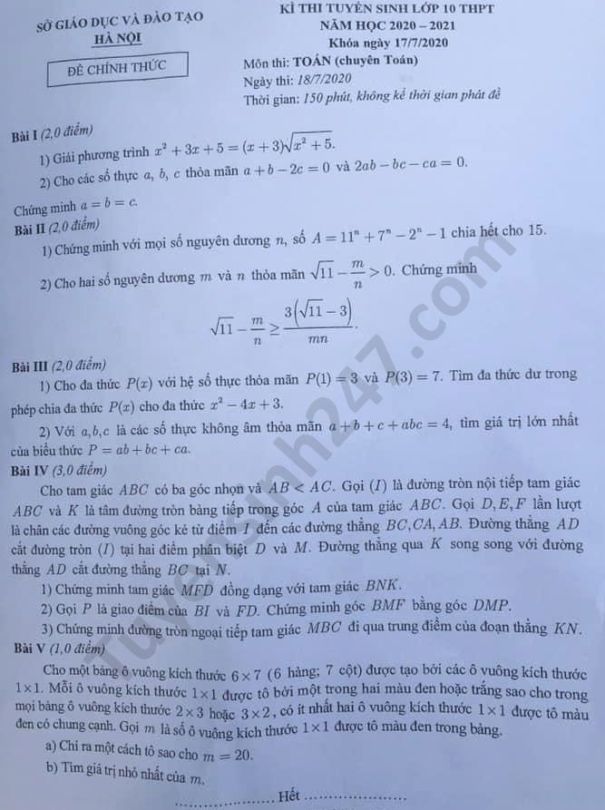 Đề thi môn Toán tuyển sinh lớp 10 vào THPT Chuyên Toán TP Hà Nội năm 2020