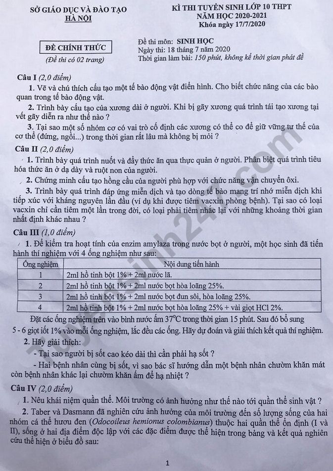 Đề thi môn Sinh học tuyển sinh lớp 10 vào THPT Chuyên TP Hà Nội năm 2020