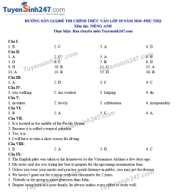 Đáp án đề thi Anh văn tuyển sinh lớp 10 vào THPT tỉnh Phú Thọ năm 2020