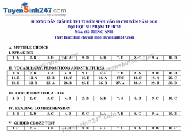 Đáp án đề thi Anh văn tuyển sinh lớp 10 vào Chuyên TH Thực hành
